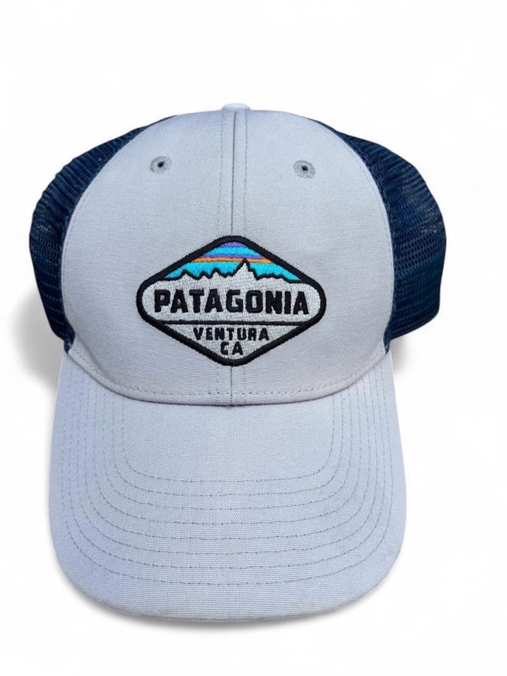 Patagonia Ventura, CA snapback trucker cap in light gray + navy blue